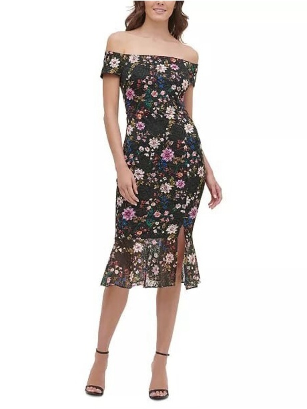 GUESS Off Shoulder Floral Lace Midi Dress Bodycon Mermaid Hem Black Multi 2